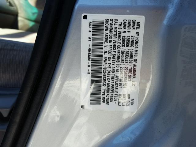 5FNRL18524B139932 - 2004 HONDA ODYSSEY LX SILVER photo 10