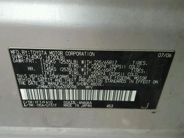 JTMBK31V366009098 - 2006 TOYOTA RAV4 LIMIT SILVER photo 10