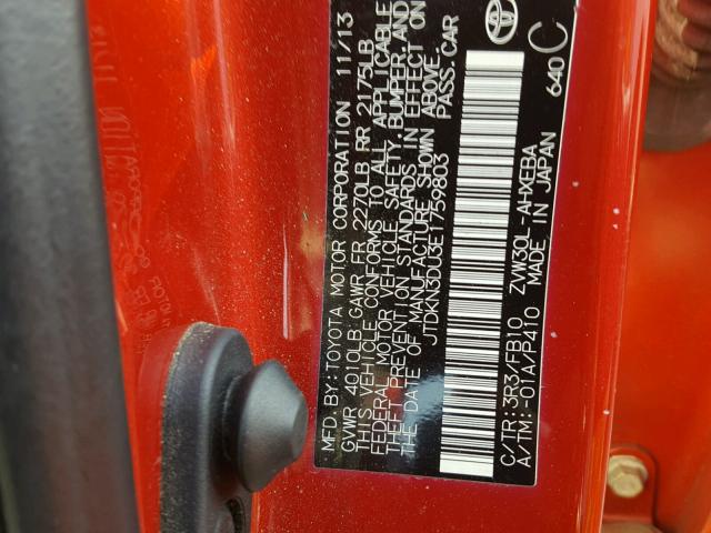 JTDKN3DU3E1759803 - 2014 TOYOTA PRIUS RED photo 10