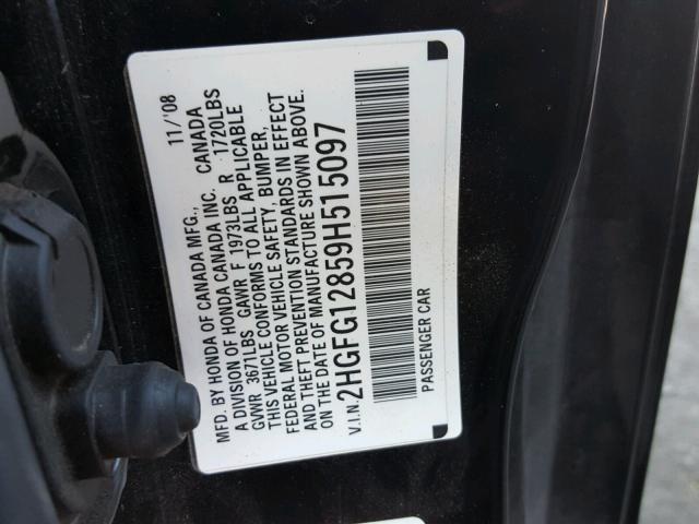 2HGFG12859H515097 - 2009 HONDA CIVIC EX BLACK photo 10