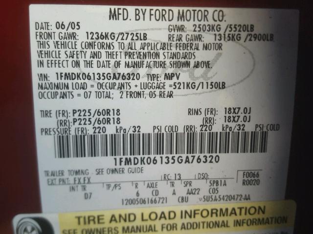 1FMDK06135GA76320 - 2005 FORD FREESTYLE MAROON photo 10