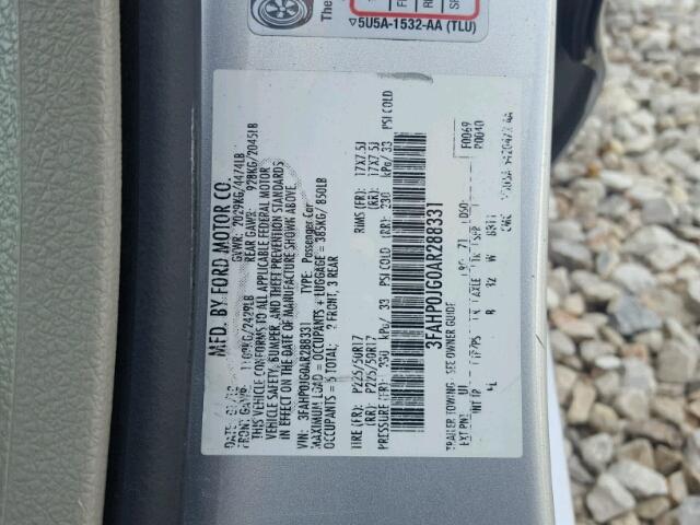 3FAHP0JG0AR288331 - 2010 FORD FUSION SEL SILVER photo 10