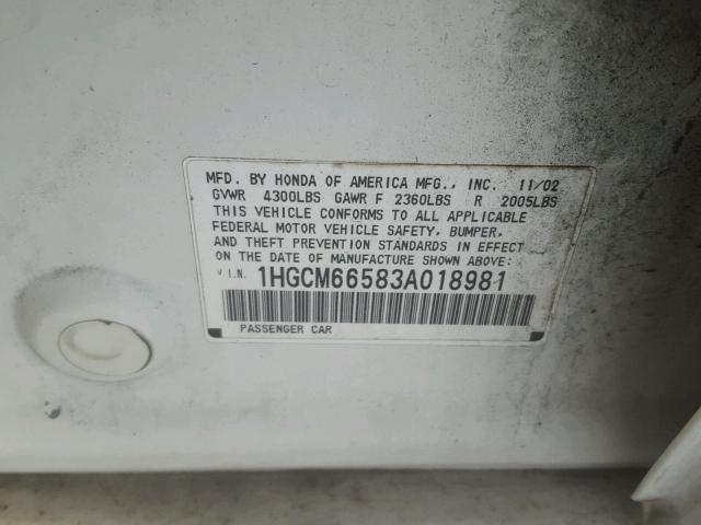 1HGCM66583A018981 - 2003 HONDA ACCORD WHITE photo 10