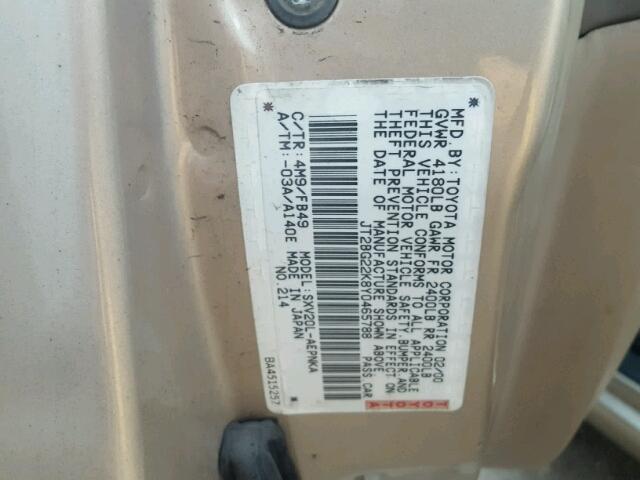 JT2BG22K8Y0465788 - 2000 TOYOTA CAMRY CE BEIGE photo 10