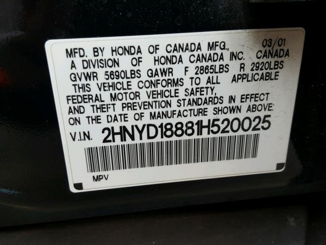 2HNYD18881H520025 - 2001 ACURA MDX TOURIN BLACK photo 10