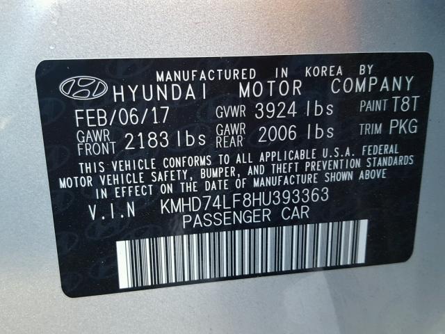 KMHD74LF8HU393363 - 2017 HYUNDAI ELANTRA SE SILVER photo 10