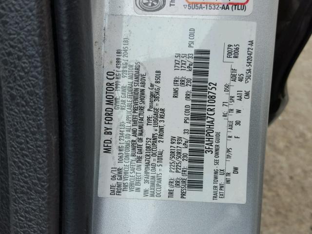 3FAHP0HA7CR108752 - 2012 FORD FUSION SE SILVER photo 10