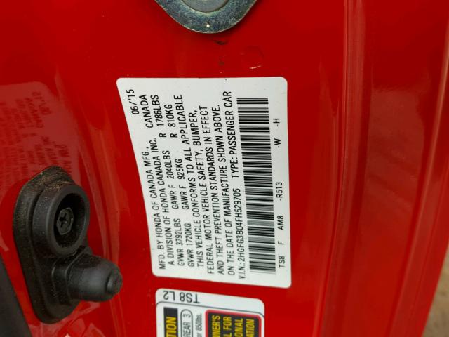 2HGFG3B04FH529705 - 2015 HONDA CIVIC EXL RED photo 10