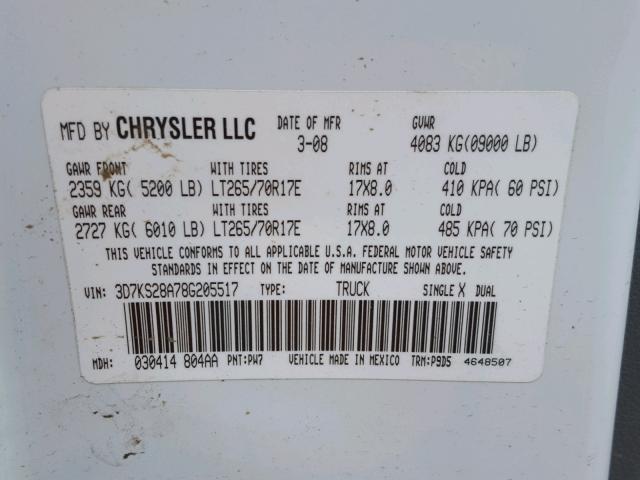 3D7KS28A78G205517 - 2008 DODGE RAM 2500 S WHITE photo 10