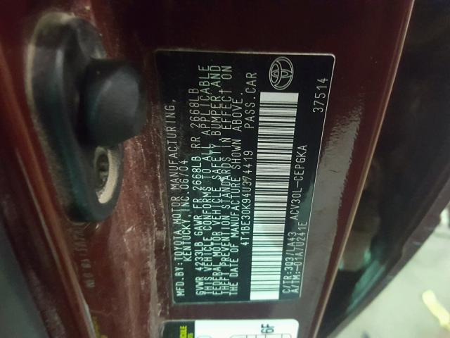 4T1BE30K94U374419 - 2004 TOYOTA CAMRY LE 栗色 照片 10