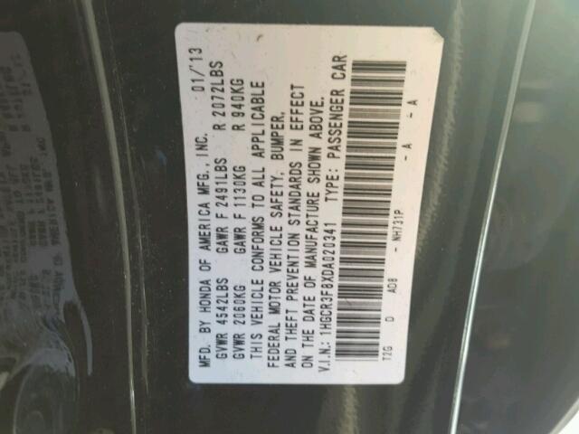 1HGCR3F8XDA020341 - 2013 HONDA ACCORD EXL BLACK photo 10