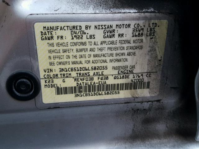 3N1CB51D06L582055 - 2006 NISSAN SENTRA 1.8 SILVER photo 10