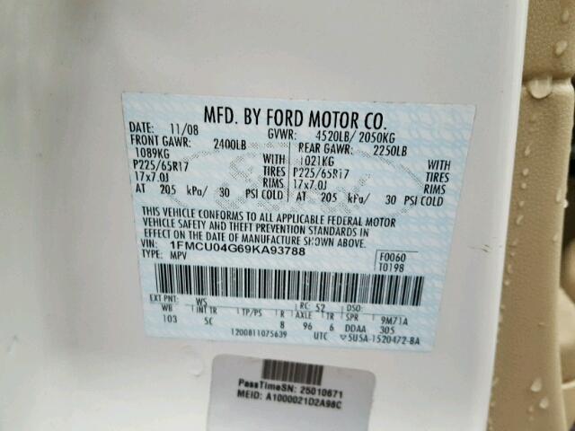 1FMCU04G69KA93788 - 2009 FORD ESCAPE LIM WHITE photo 10