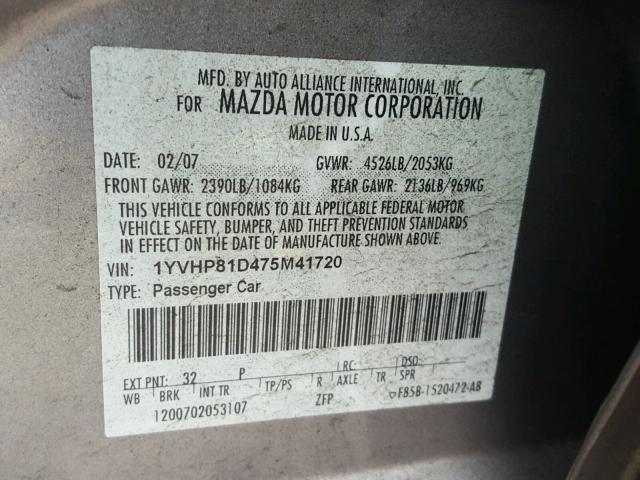 1YVHP81D475M41720 - 2007 MAZDA 6 S GRAY photo 10