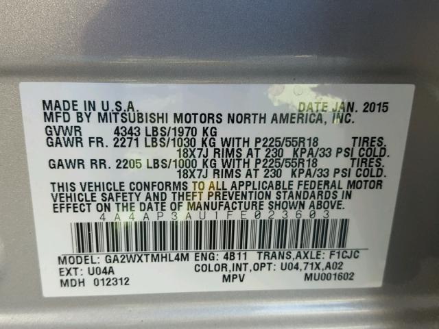 4A4AP3AU1FE023603 - 2015 MITSUBISHI OUTLANDER SILVER photo 10