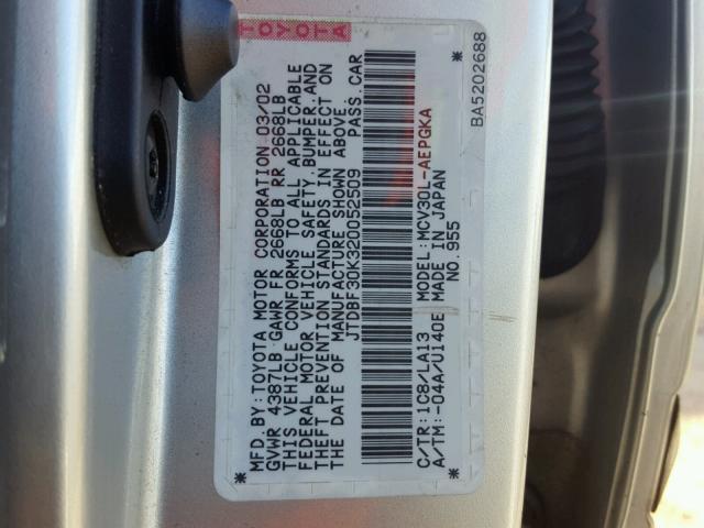 JTDBF30K320052509 - 2002 TOYOTA CAMRY LE ვერცხლისფერი ფოტო 10
