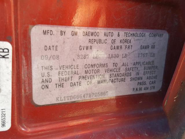 KL1TD66647B725865 - 2007 CHEVROLET AVEO BASE Қызыл фото 10