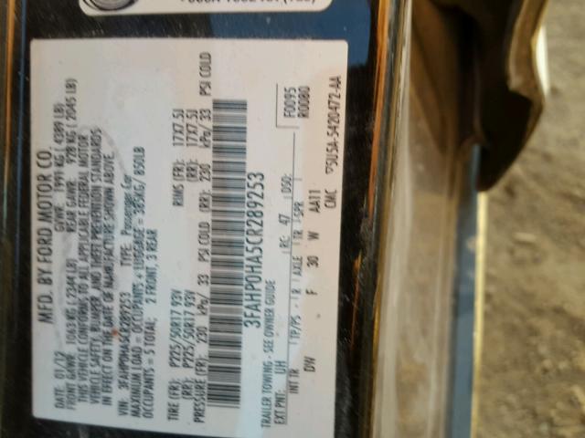 3FAHP0HA5CR289253 - 2012 FORD FUSION SE BLACK photo 10