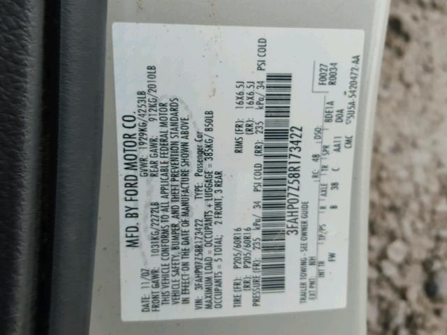 3FAHP07Z58R173422 - 2008 FORD FUSION SE CREAM photo 10