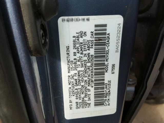 4T1BF30K83U560528 - 2003 TOYOTA CAMRY LE BLUE photo 10