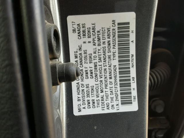 2HGFC1F32HH655424 - 2017 HONDA CIVIC EX GRAY photo 10