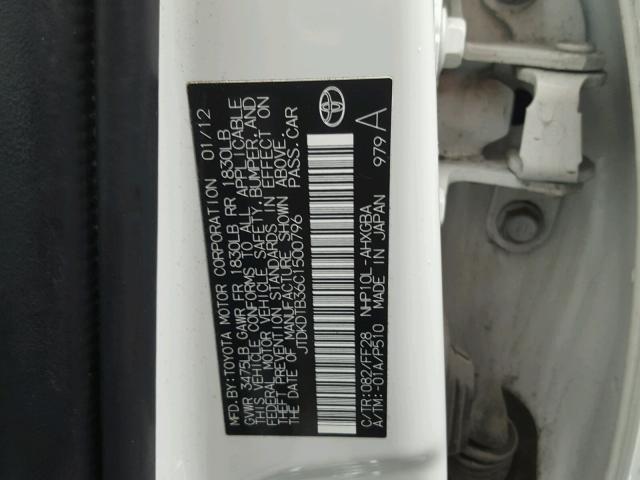 JTDKDTB36C1500796 - 2012 TOYOTA PRIUS C WHITE photo 10