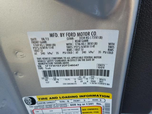 1FTFW1EF2DFD46047 - 2013 FORD F150 SUPER SILVER photo 10