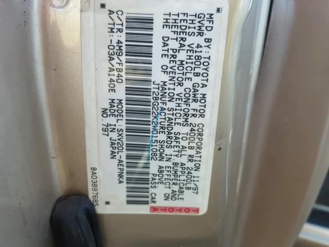 JT2BG22K2W0151082 - 1998 TOYOTA CAMRY CE GOLD photo 10