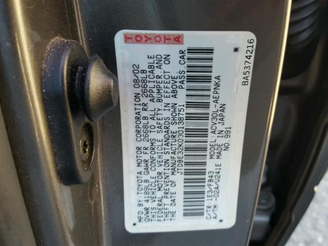 JTDBE32K030138751 - 2003 TOYOTA CAMRY LE CHARCOAL photo 10