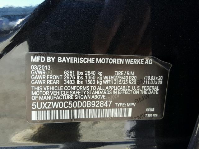 5UXZW0C50D0B92847 - 2013 BMW X5 XDRIVE3 BLACK photo 10