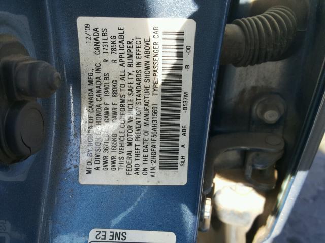 2HGFA1F56AH315691 - 2010 HONDA CIVIC LX BLUE photo 10