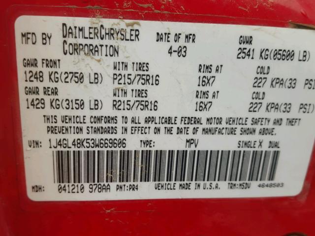 1J4GL48K53W669606 - 2003 JEEP LIBERTY SP RED photo 10