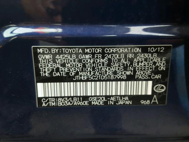 JTHBF5C21D5187998 - 2013 LEXUS IS 250 BLUE photo 10