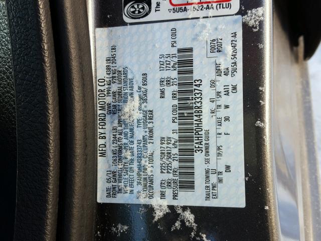 3FAHP0HA4BR333743 - 2011 FORD FUSION SE GRAY photo 10