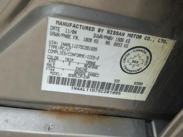 1N4AL11D75C281695 - 2005 NISSAN ALTIMA S GOLD photo 10