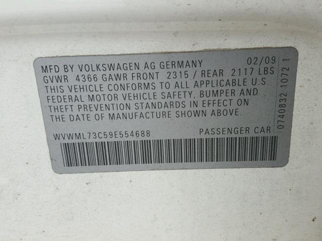 WVWML73C59E554688 - 2009 VOLKSWAGEN CC SPORT WHITE photo 10