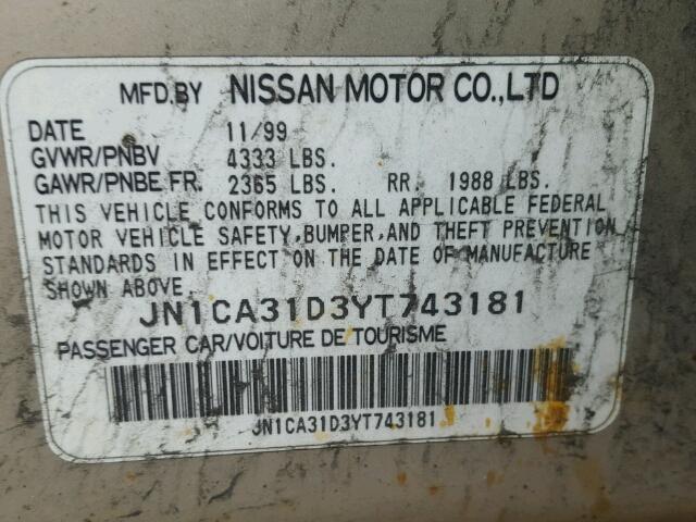 JN1CA31D3YT743181 - 2000 NISSAN MAXIMA GLE GOLD photo 10