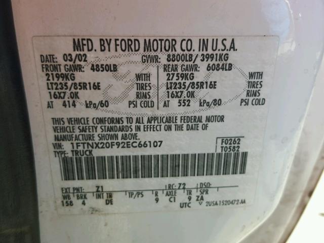 1FTNX20F92EC66107 - 2002 FORD F250 SUPER WHITE photo 10