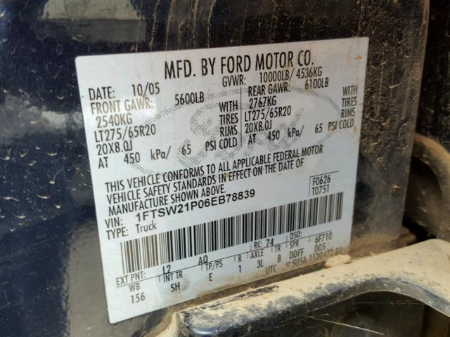 1FTSW21P06EB78839 - 2006 FORD F250 SUPER BLACK photo 10