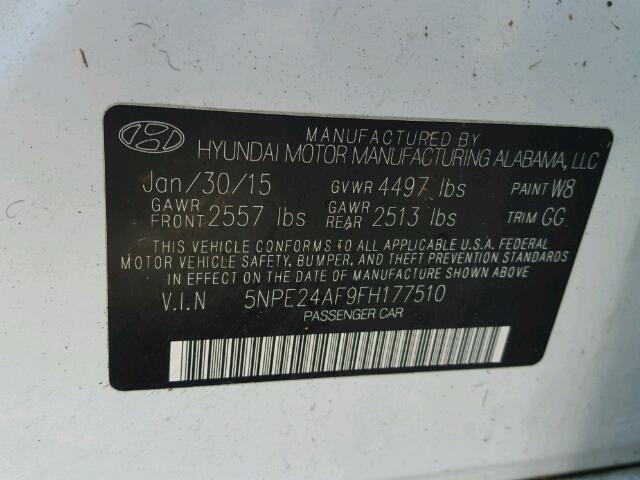 5NPE24AF9FH177510 - 2015 HYUNDAI SONATA SE WHITE photo 10