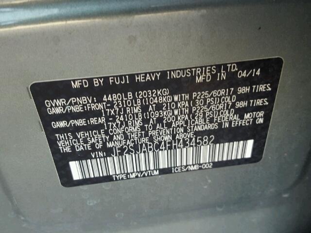 JF2SJABC4FH434582 - 2015 SUBARU FORESTER 2 GREEN photo 10