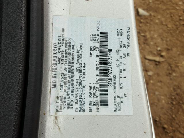 3FAHP07Z37R173448 - 2007 FORD FUSION SE SILVER photo 10