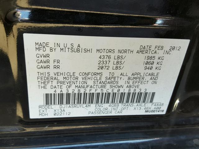 4A32B2FF5CE018833 - 2012 MITSUBISHI GALANT FE BLACK photo 10