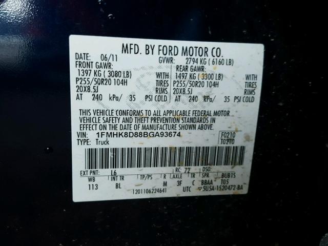 1FMHK8D88BGA93674 - 2011 FORD EXPLORER X BLUE photo 10