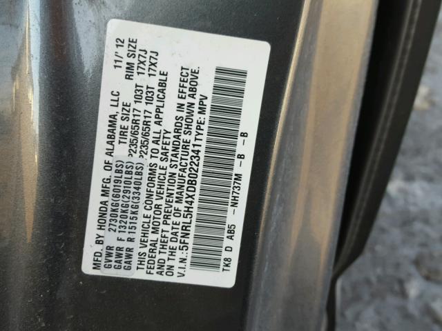 5FNRL5H4XDB022341 - 2013 HONDA ODYSSEY EX GRAY photo 10