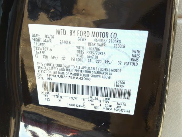 1FMCU93178KA42008 - 2008 FORD ESCAPE XLT BLACK photo 10