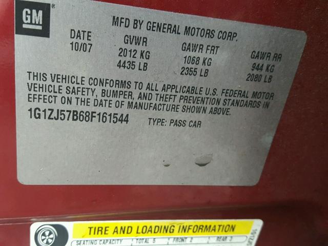 1G1ZJ57B68F161544 - 2008 CHEVROLET MALIBU 2LT RED photo 10