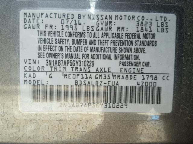 3N1AB7AP5GY310229 - 2016 NISSAN SENTRA S GRAY photo 10