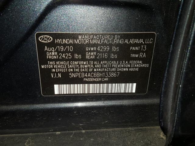 5NPEB4AC6BH133867 - 2011 HYUNDAI SONATA GLS BLUE photo 10