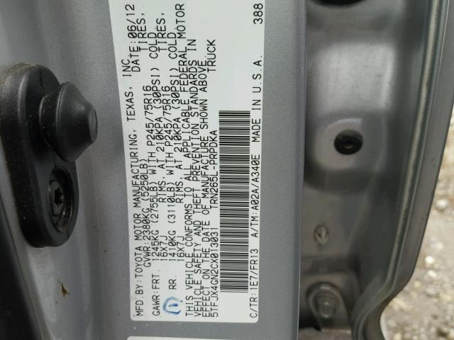 0LDL0T45398197 - 2012 TOYOTA TACOMA DOU SILVER photo 10